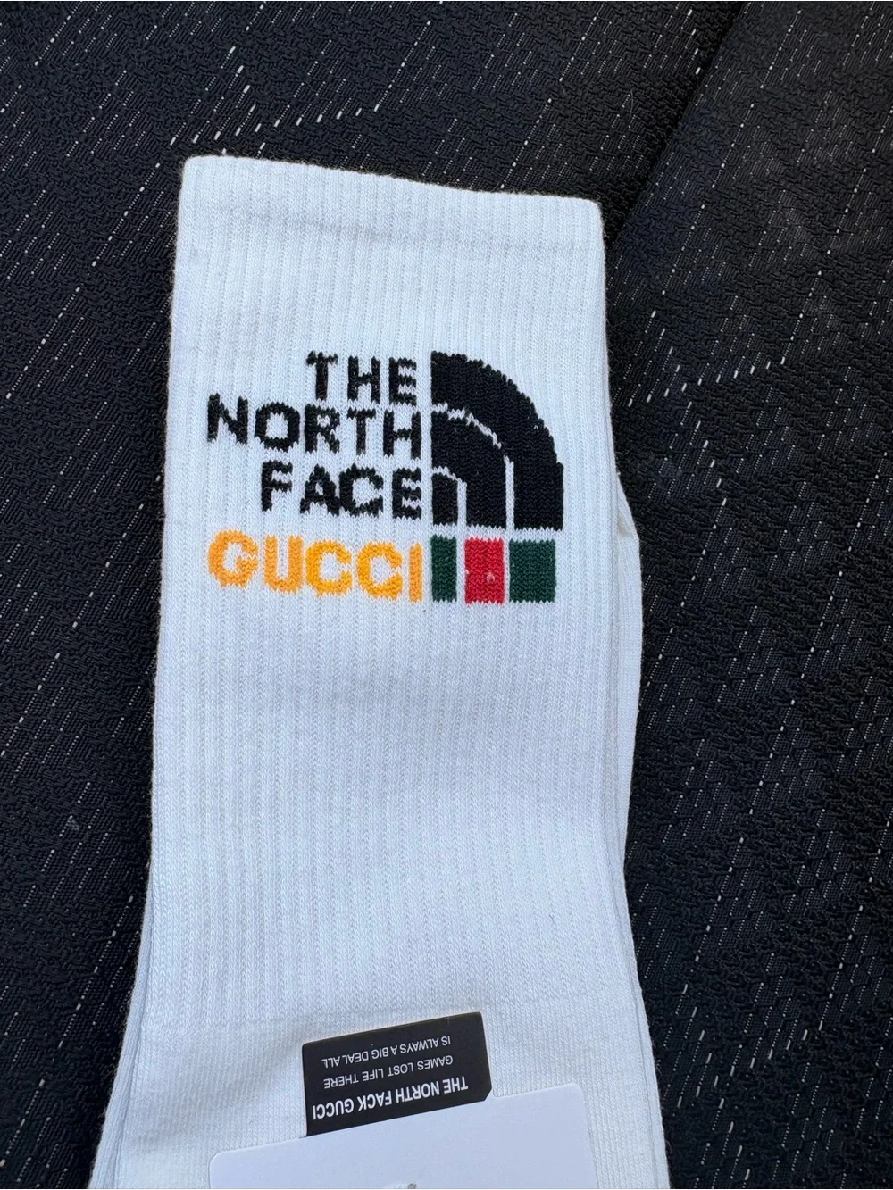 The North Face x Gucci White Crew Socks with Black, Green & Yellow Logo